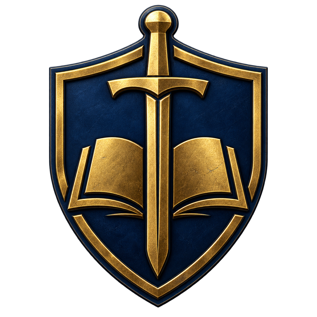 Escudo dourado do Guardiões da Palavra em relevo, com espada e Bíblia